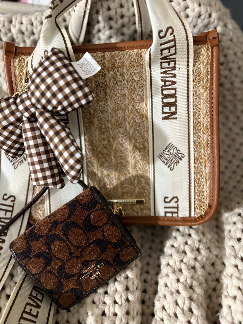 Steve Madden Straw Tote with Branded Cream Strap and Tan Trim